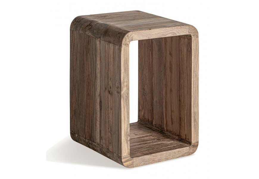 Luxusný moderný štvorcový záhradný príručný stolík Koras z masívneho teakového dreva v naturálnej hnedej farbe s výraznou štruktúrou so zaoblenými hranami s policou a plnými bočnými stranami