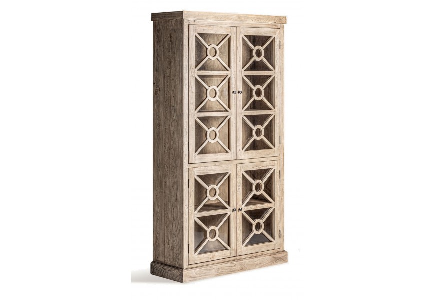 Luxusná koloniálna vitrína Herand s dvomi dverami z masívneho brestového dreva v hnedej farbe so štvorcovou výplňou s prekrížením a štyrmi policami