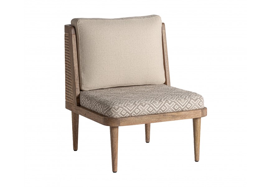 Luxusné retro kreslo Lunia s čalúnením a poťahom v béžovej farbe so vzorom s rámom z masívneho brezového dreva v hnedej farbe s viedenským ratanovým výpletom