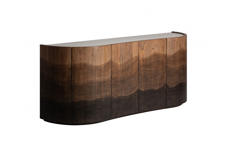 Luxusný moderný masívny oválny štvordverový príborník Konnie v hnedej farbe s vrchnou sivou mramorovou doskou 180 cm