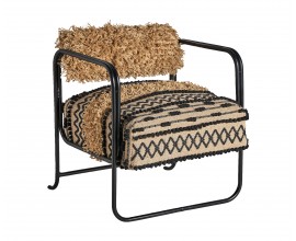 Luxusné etno čalúnené kreslo Astrid s kožušinovým prešívaním a čierno hnedým vzorovaním 72 cm