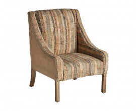 Luxusné etno kreslo Morsi s poťahom z juty s textúrou v zelenej hnedej a oranžovej farbe s rámom z masívneho mangového dreva v hnedej farbe