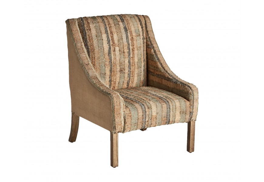 Luxusné etno kreslo Morsi s poťahom z juty s textúrou v zelenej hnedej a oranžovej farbe s rámom z masívneho mangového dreva v hnedej farbe