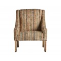 Luxusné etno čalúnené hnedé kreslo Morsi s textúrovaným pásikovým jutovým poťahom v zelenej hnedej a oranžovej farbe 93 cm