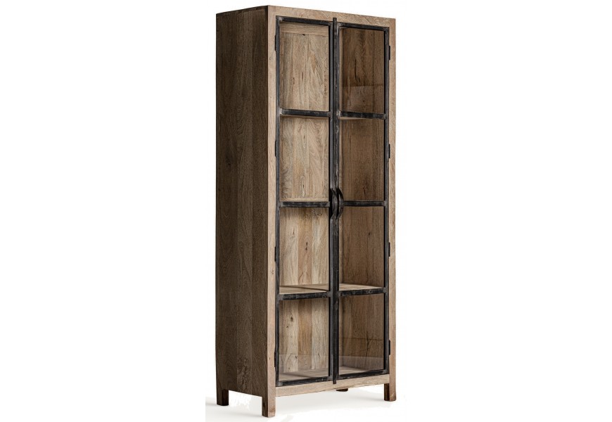 Luxusná knižnica Valias v obdĺžnikovom tvare z masívneho mangového dreva v hnedej farbe s kovovou konštrukciou dvierok v čiernej farbe so sklenenou výplňou a tromi policami