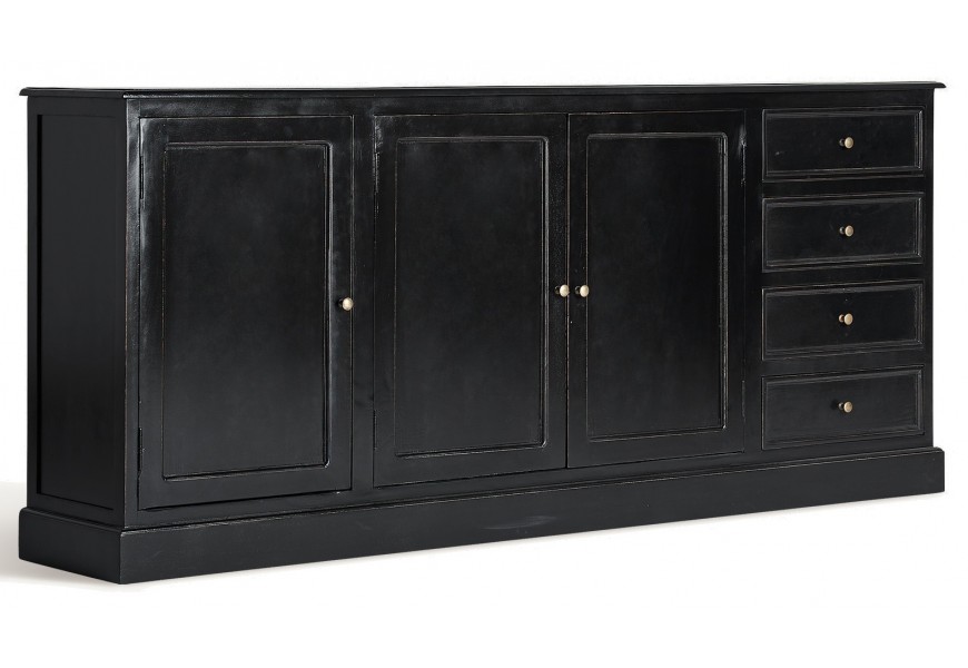 Luxusný vintage príborník Zena Noir v obdĺžnikovom tvare v čiernej farbe z masívneho magového dreva v čiernej farbe s kazetovým dizajnom troch dvierok a štyroch zásuviek