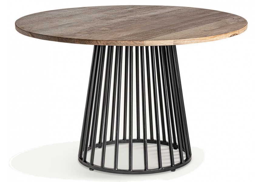Luxusný koloniálny jedálenský stôl Vilias v okrúhlom tvare z masívneho mangového dreva s industriálnym nádychom s nohou z kovu z tyčí v čiernej farbe v kužeľovom tvare