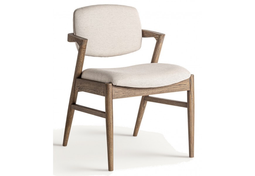 Luxusná moderná jedálenská stolička Salena s čalúnením a masívnou jaseňovou konštrukciou v hnedej farbe s poťahom z ľanu v béžovej farbe s textúrou