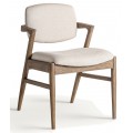 Luxusná moderná jedálenská stolička Salena s čalúnením a masívnou jaseňovou konštrukciou v hnedej farbe s poťahom z ľanu v béžovej farbe s textúrou