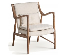 Luxusné moderné čalúnene masívne kreslo Renard s béžovým bouclé poťahom s atypickými opierkami v hnedej farbe 84 cm