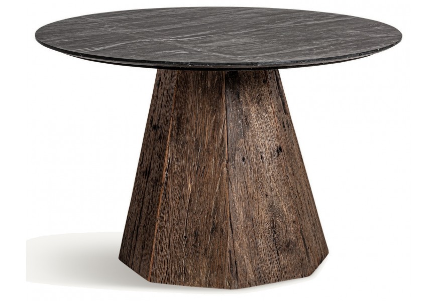 Masívny okrúhly jedálenský stôl s čiernou mramorovou doskou a tmavo hnedou kužeľovou podstavou z masívneho dreva