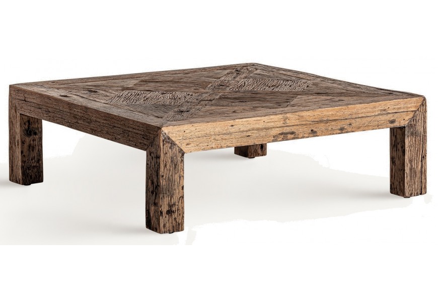 Masívny industriálny štvorcový stolík Draven s dekoratívnou drevenou doskou v parketovom vzore a robustným rámom