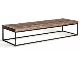 Industriálny obdĺžnikový konferenčný stolík Draven z tmavohnedého masívneho dreva na čiernej kovovej podstave 180 cm