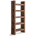 Industriálna masívna knižnica Draven z tmavohnedého dreva s piatimi policami a detailmi na bokoch