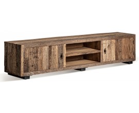 Luxusný dvojdverový koloniálny TV stolík Rostin z masívneho hnedého dreva s poličkami s tromi kovovými nožičkami 151 cm