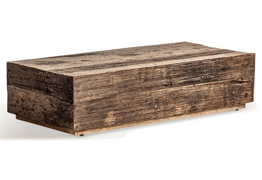 Luxusný industriálny konferenčný stolík Tavar obdĺžnikového tvaru z hnedého masívneho dreva s prirodzenou kresbou dreva s patinou s obdĺžnikovým soklom so štyrmi nožičkami