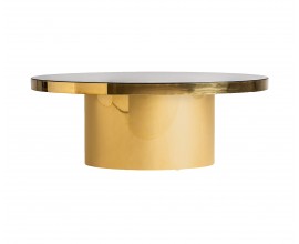 Luxusný art deco okrúhly konferenčný stolík Solaro z ocele v zlatej farbe s doskou okrúhleho tvaru z bezpečnostného skla s lesklým povrchom s detailom letokruhov s valcovou nohou