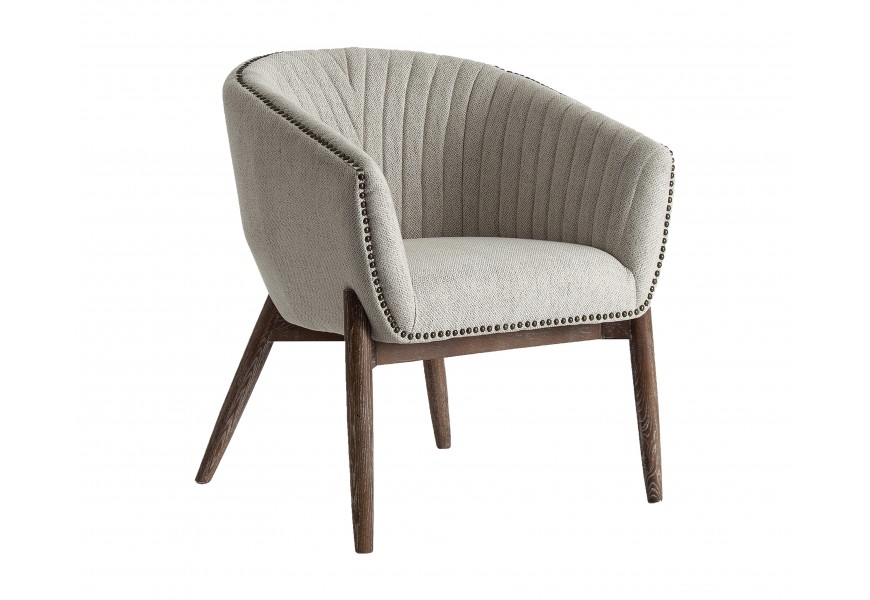 Štýlové retro čalúnené sivé kreslo Jasmin z masívneho hnedého dreva a textilného poťahu s ozdobnými nitmi 79 cm