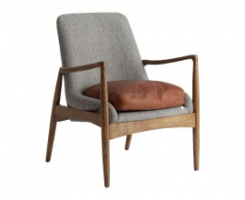 Luxusné vintage sivé kreslo Raul s koženým vankúšom s masívnymi hnedými nožičkami 83 cm