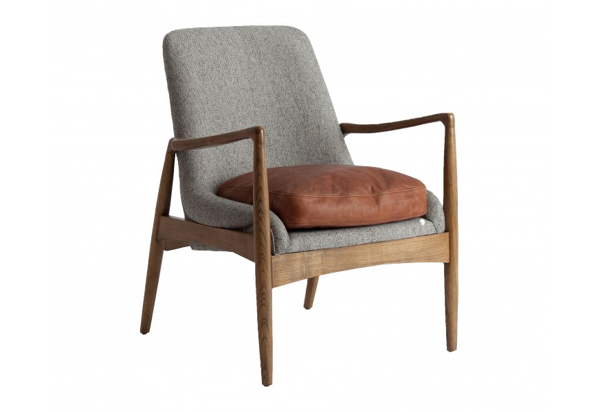 Luxusné vintage sivé kreslo Raul s koženým vankúšom s masívnymi hnedými nožičkami 83 cm