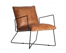 Luxusné industriálne kožené kreslo Hoba s kovovou čiernou konštrukciou s matným povrchom 80 cm