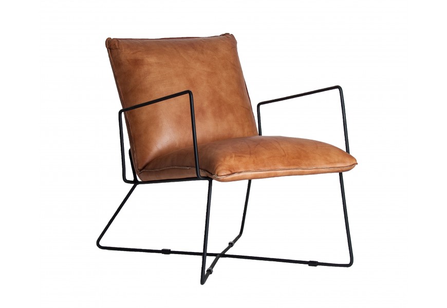 Luxusn&eacute; industri&aacute;lne kožen&eacute; kreslo Hoba s kovovou čiernou kon&scaron;trukciou s matn&yacute;m povrchom 80 cm