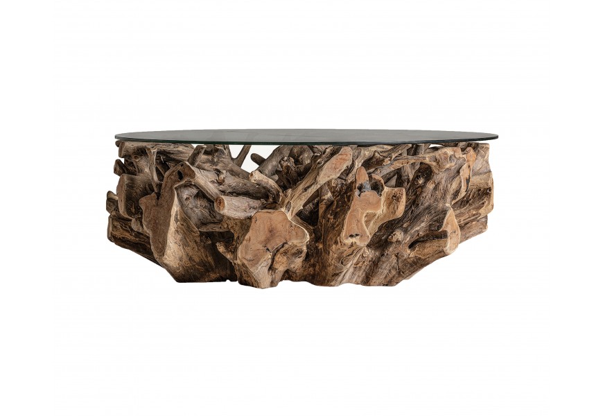 Luxusn&yacute; etno okr&uacute;hly konferenčn&yacute; stol&iacute;k Zamir s atypickou nohou z mas&iacute;vneho teakov&eacute;ho dreva v hnedej farbe 130 cm