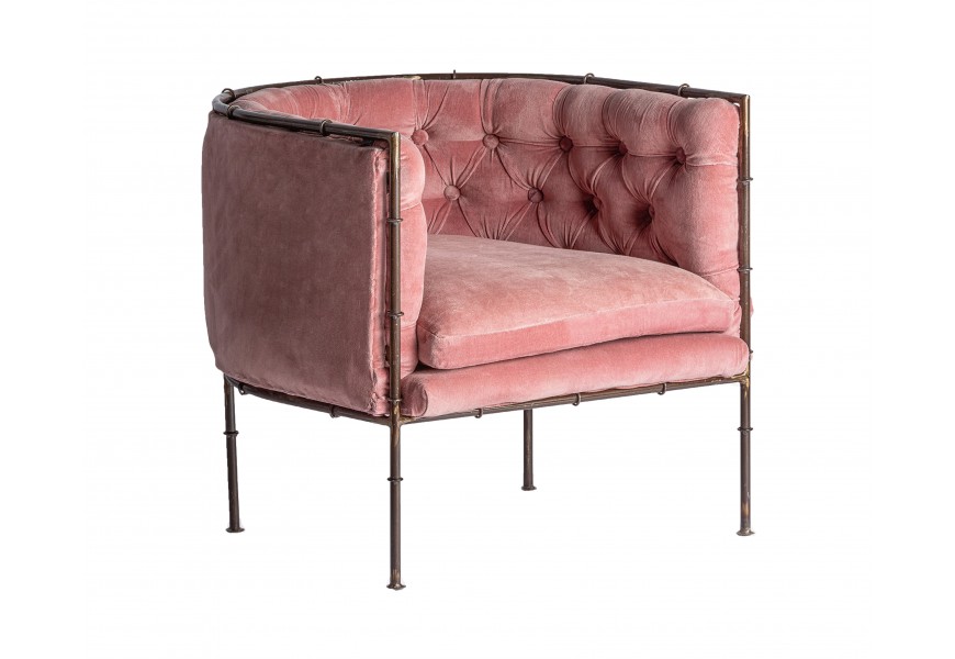 Luxusné chesterfield shabby chic kreslo Kazer so zamatovým poťahom v ružovej farbe z bavlny a konštrukciou z kovu v zlatej farbe