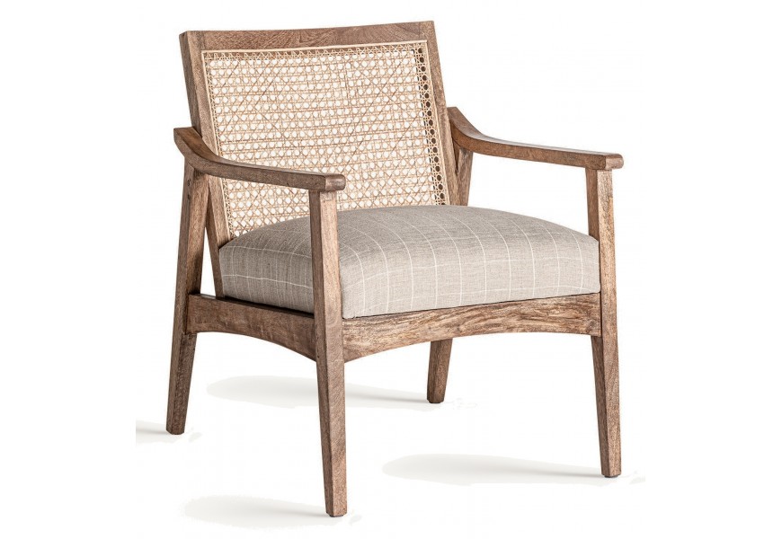 Luxusné koloniálne ratanové hnedé kreslo Horen s viedenským výpletom a sivým čalúneným sedadlom 78 cm