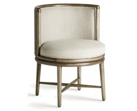 Luxusná koloniálna okrúhla čalúnená jedálenská stolička Hijo s bielym textilným poťahom a masívnym hnedým dubovým rámom 78 cm 