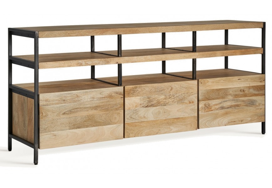 Luxusný industriálny trojdverový masívny obdĺžnikový príborník Malisa so šiestimi policami a čiernou kovovou konštrukciou 170 cm