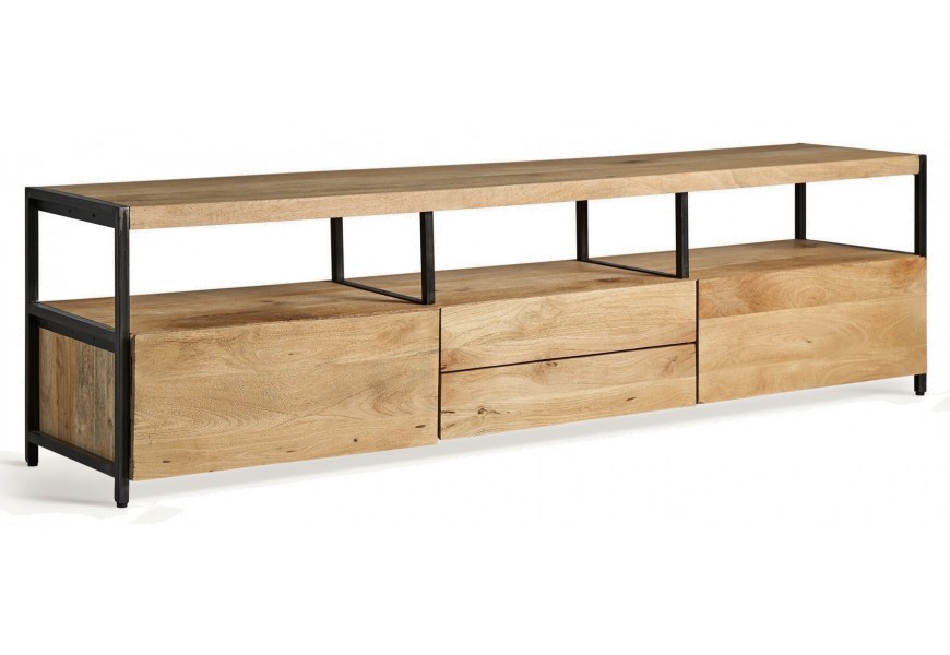Luxusný industriálny televízny stolík Malisa v obdĺžnikovom tvare z masívneho mangového dreva v hnedej farbe s dvomi zásuvkami dvomi dvierkami a tromi policami s konštrukciou z kovu v čiernej farbe