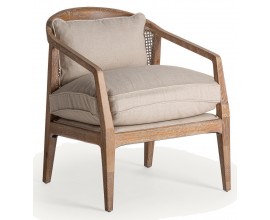 Luxusné koloniálne masívne ratanové kreslo Olas s viedenským výpletom a čalúnenými vankúšmi s ľanovým béžovým poťahom 78 cm