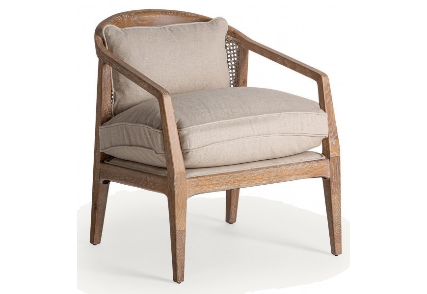 Luxusné koloniálne masívne ratanové kreslo Olas s viedenským výpletom a čalúnenými vankúšmi s ľanovým béžovým poťahom 78 cm