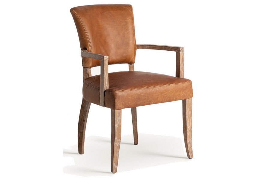Luxusná vintage čalúnená kožená hnedá jedálenská stolička Missal s hranatými nožičkami z masívneho dreva 88 cm