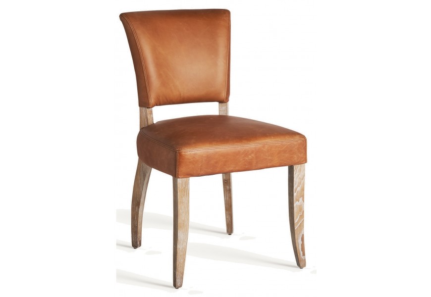 Luxusná vintage kožená hnedá jedálenská stolička Missal s hranatými hnedými patinovanými nožičkami z masívneho dreva 89 cm