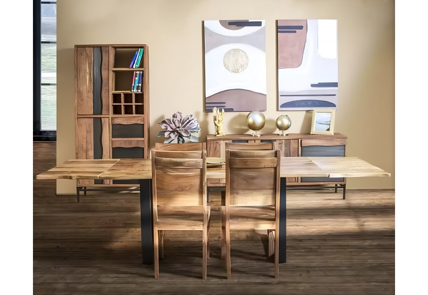 Dizajnová industriálna jedálenská zostava Berignone z masívneho dreva v naturálnej hnedej farbe s čiernymi kovovými detailmi