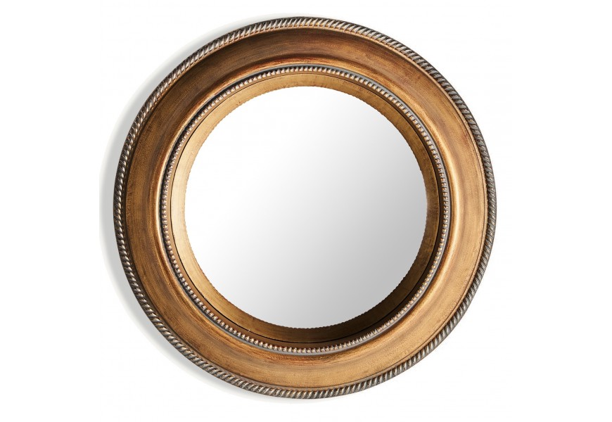 Luxusné vintage okrúhle nástenné zrkadlo Malisa v zlatej starožitnej farbe s vyrezávaným rámom s kovovým efektom 81 cm