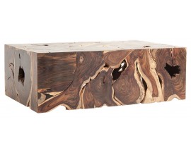 Luxusný etno masívny obdĺžnikový konferenčný stolík Veri s výraznou štruktúrou letokruhov v hnedej farbe 120 cm
