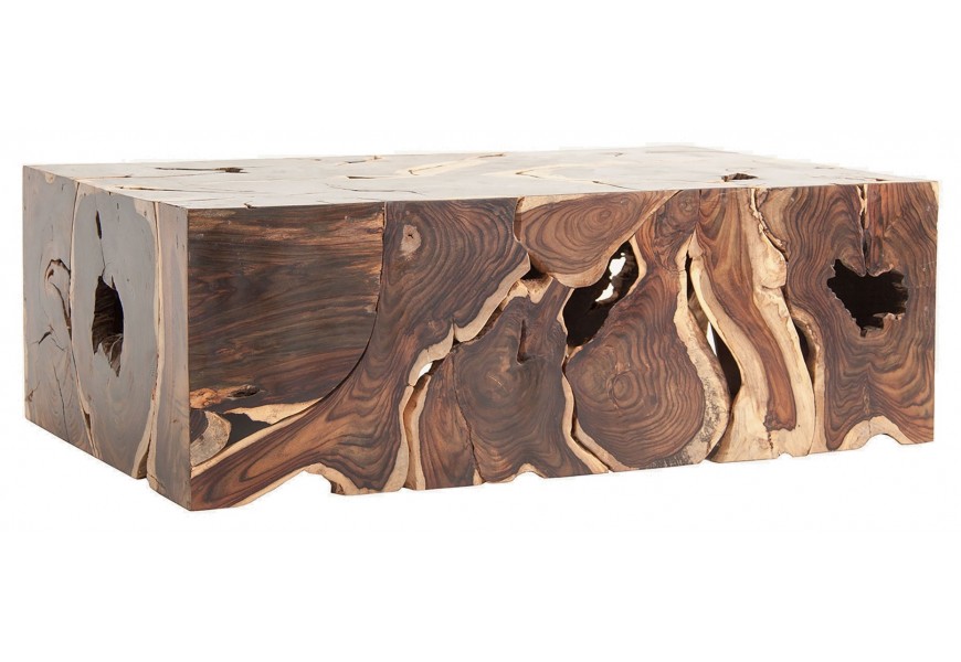 Luxusný etno masívny obdĺžnikový konferenčný stolík Veri s výraznou štruktúrou letokruhov v hnedej farbe 120 cm