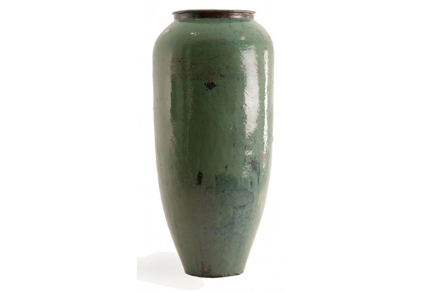 Luxusná koloniálna vysoká váza Manta z keramiky v oválnom tvare s okruhovým otvorom s glazúrou v zelenej farbe s lesklým hladkým povrchom s jemnou patinou