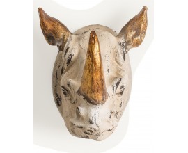 Luxusná etno nástenná socha nosorožca Rhino zo živice v krémovej a zlatej farbe s patinou 71 cm