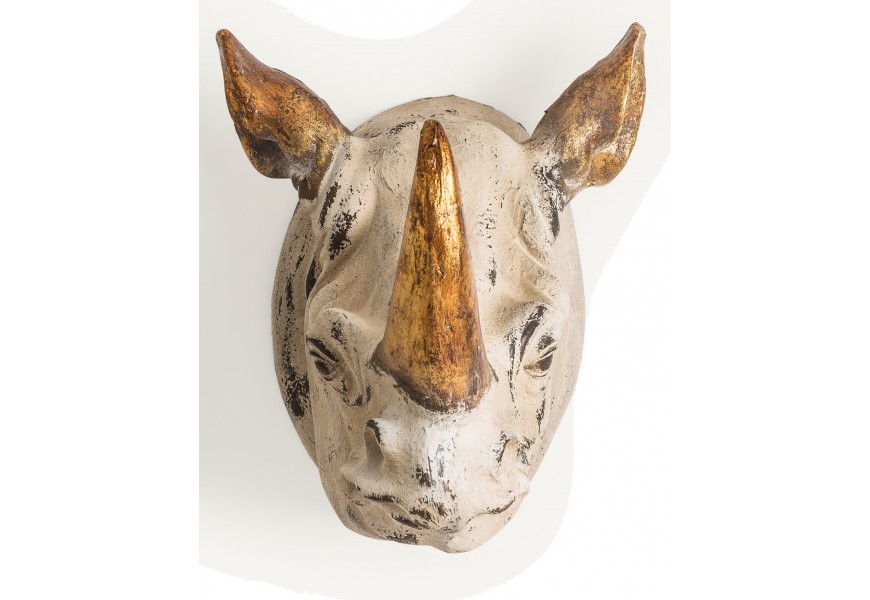 Luxusná etno socha nosorožca Rhino s detailným zobrazením a výraznou patinou v krémovej farbe so zlatými detailmi