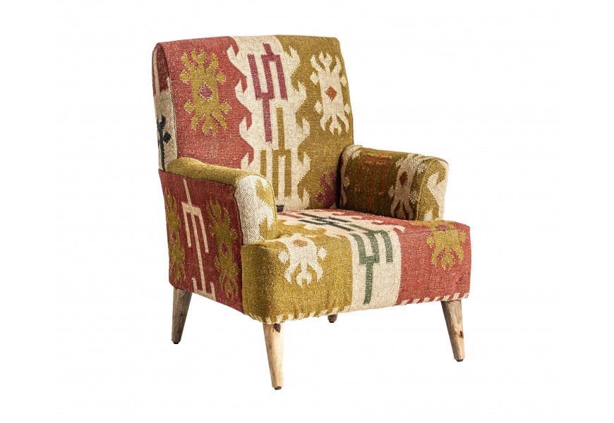 Luxusné etno orientálne čalúnené žlto červené vzorované kreslo Reria s hnedými masívnymi drevenými nožičkami 90 cm