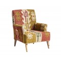 Luxusné etno orientálne čalúnené žlto červené vzorované kreslo Reria s hnedými masívnymi drevenými nožičkami 90 cm