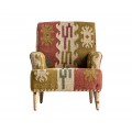 Luxusné etno orientálne čalúnené žlto červené vzorované kreslo Reria s hnedými masívnymi drevenými nožičkami 90 cm