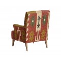 Luxusné etno orientálne čalúnené žlto červené vzorované kreslo Reria s hnedými masívnymi drevenými nožičkami 90 cm