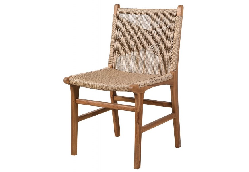 Dizajnová vidiecka jedálenská stolička Juria z masívneho dreva v hnedej farbe s atypickým výpletom z morskej trávy