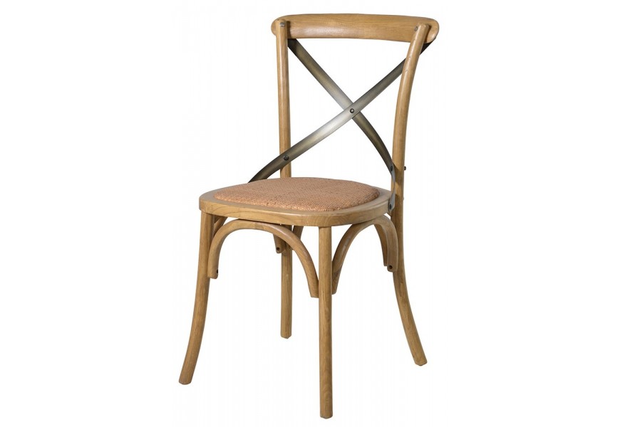 Štýlová industriálna masívna hnedá jedálenská stolička Country s kovovou dizajnovou výstuhou a čalúneným hnedým sedadlom 89 cm