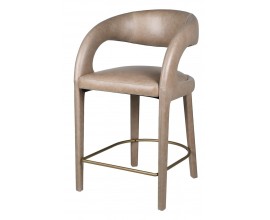 Luxusná art deco moderná kožená béžovo hnedá oblá barová stolička Jasmer s kovovou staro zlatou opierkou na nohy 98 cm